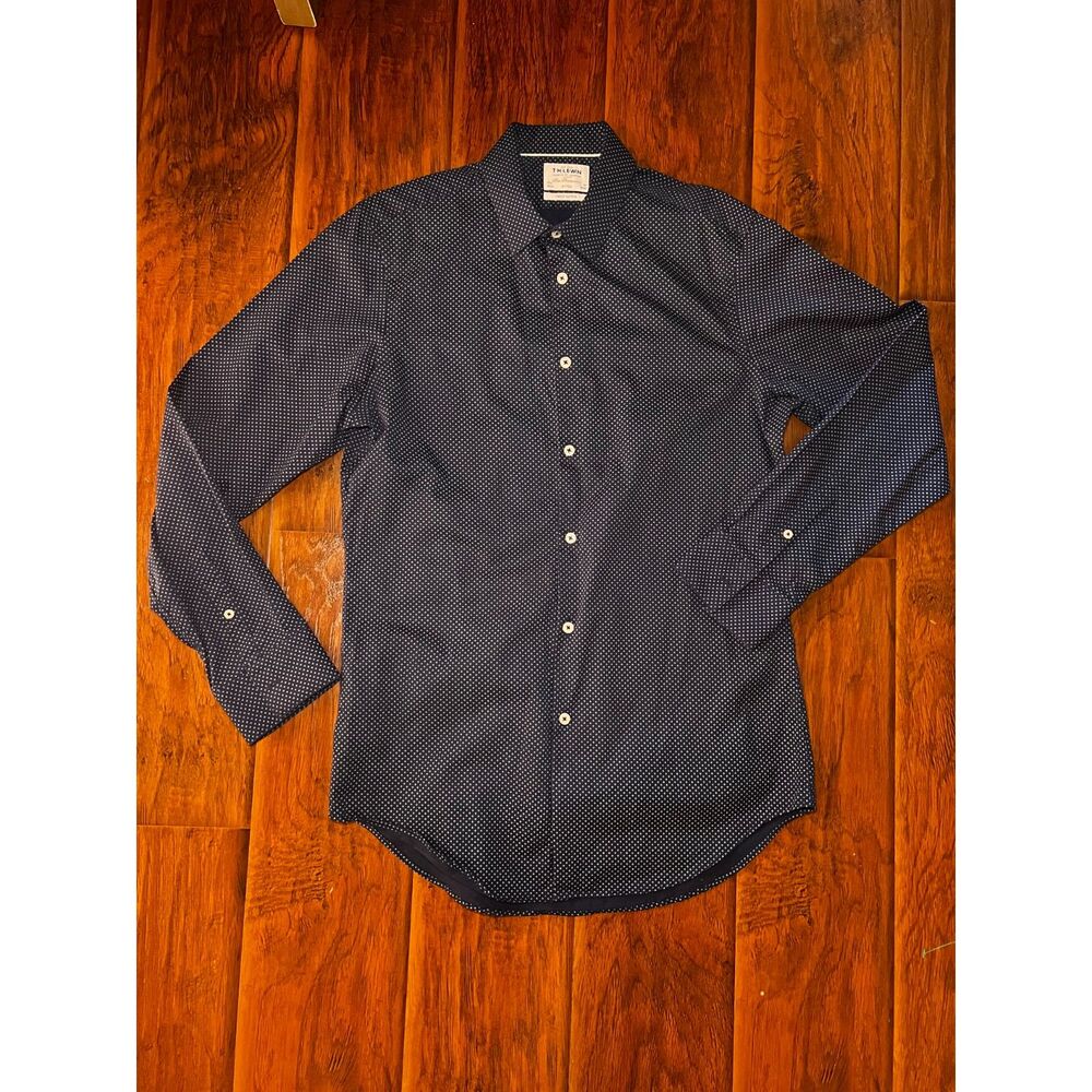 T M Lewin Button Up Shirt Blue with White Cross Dots SIZE 15 1/2